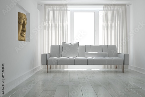 modern room with sofa and curtains interior design. 3D illustration