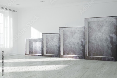 modern empty bright room with marble shelfes and curtains interior design. 3D illustration