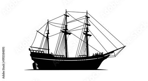 Silhouette of a majestic three-masted sailing ship against a white background