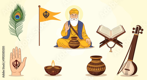 Religious illustration of Guru Nanak surrounded by various Sikh symbols including the Khanda, holy book, and peacock feather.
