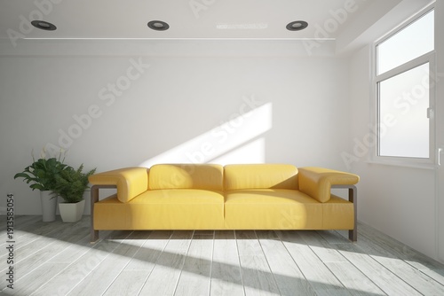 modern room with sofa, plants in flowertpots and black lamps om the ceiling interior design. 3D illustration
