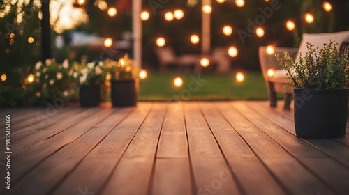 stringlights. Wooden deck illuminated by warm string lights at dusk, exuding cozy outdoor ambiance. lifestyle magazines.