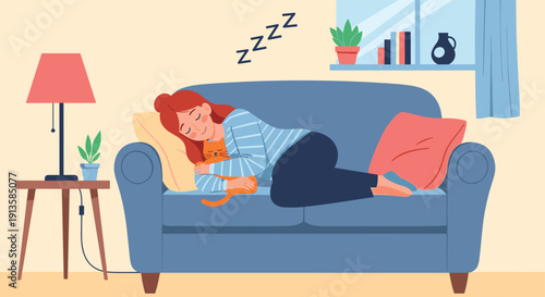 Young woman napping peacefully on a blue sofa while hugging her ginger cat in a cozy living room setting during the day.