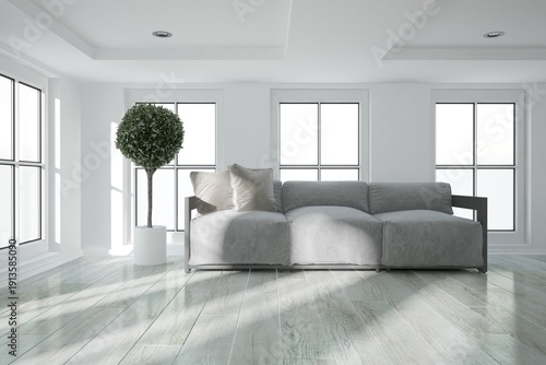 modern room with sofa, plant in white flowerpot and black lamp interior design. 3D illustration