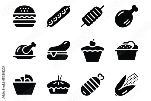 Assorted black and white icons representing various popular food items and dishes
