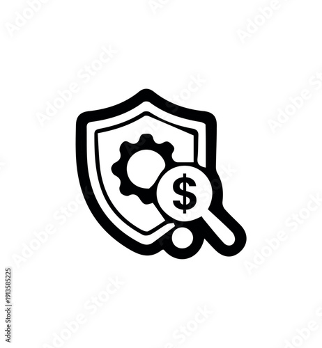 Financial Security and Risk Assessment Icon with Shield, Gear, and Magnifying Glass
