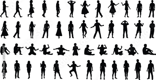 Collection of diverse people silhouettes in various poses walking, standing, sitting and dancing, black vector set isolated on white background