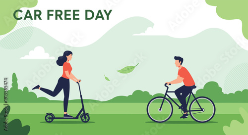 Man riding a bicycle and a woman on an electric scooter through a green park setting to celebrate Car Free Day.