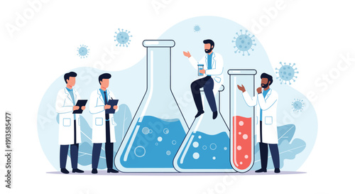 Team of medical scientists and researchers working in a laboratory with oversized test tubes and floating virus symbols.