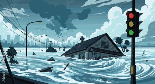 Dramatic scene of a house and street completely submerged in high flood waters during a natural disaster with traffic lights.