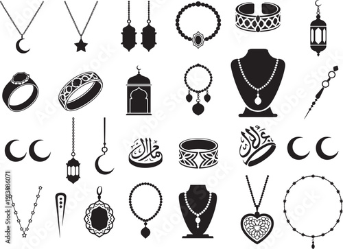 Islamic jewelry and cultural elements silhouette collection for eid celebrations and middle eastern designs