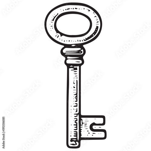 Classic Round Key Illustration – Antique Skeleton Key Engraving Line Art