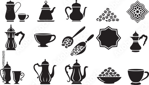 Middle eastern coffee pots cups and coffee beans for cafe or restaurant