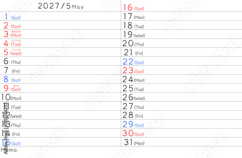 2027年シンプルカレンター　5月　曜日英語