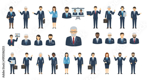 Diverse Group of Business Professionals Posed in Various Actions.