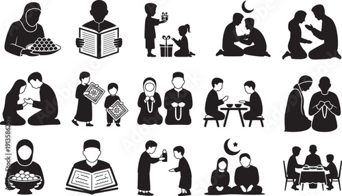 Ramadan and Eid islamic icons with families, prayer, gifts, and traditional symbols