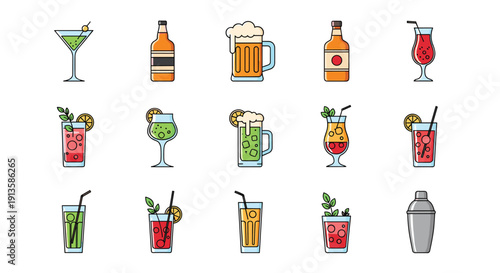 Colorful cocktail and alcoholic beverage icons set featuring diverse glasses bottles and a shaker for bar and party themes.
