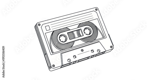 Retro cassette tape drawing, vintage audio recording media, isolated on white background