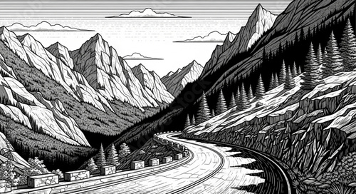 Serene mountain landscape with winding road and tunnel.