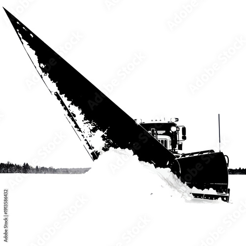 Snow plow clearing road in winter, black and white, dynamic action shot