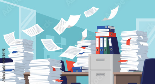 Busy office interior scene with messy stacks of paper and documents flying through the air symbolizing stress and heavy workload.