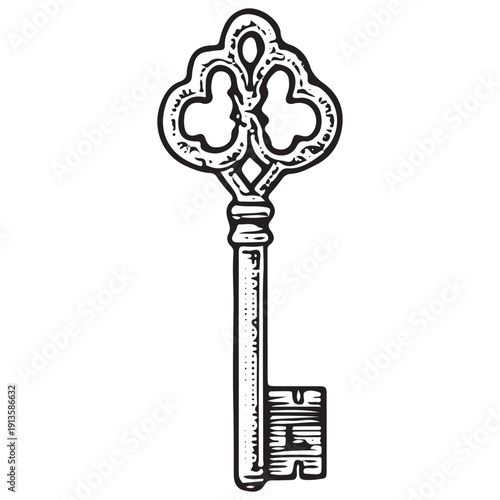 Ornate Vintage Key Illustration – Decorative Antique Skeleton Key Line Art