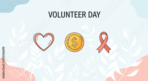 Global volunteer day banner featuring icons of heart for love coin for donation and pink ribbon for health awareness themes.