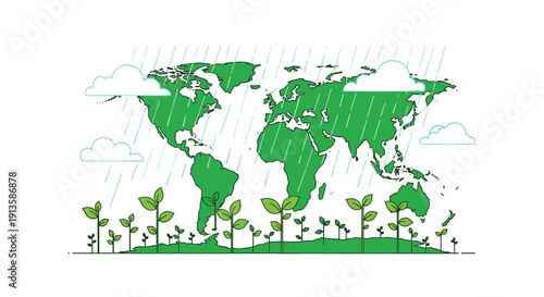 Ecological world map illustration showing green continents growing plants and falling rain representing environmental sustainability.
