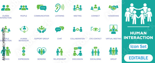 Human interaction icon set. Communication, people, connection, friends, chat, bonding, socializing, group, relationship and more. Perfect vector icons collection. 