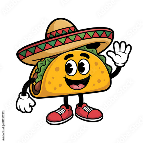 Happy taco character wearing sombrero hat and red sneakers