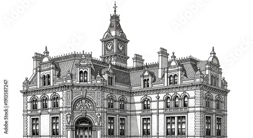 Ornate Victorian era building with clock tower and intricate details.