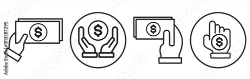 Finance line icon set. Dollar, coin, and banknote symbols for business, savings, profits, and banking concepts. Suitable for website design, logos, apps, templates, UI, and more. Vector illustration.