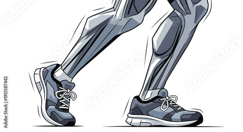 Illustration of robotic legs wearing sneakers in motion on a white background with gray metallic tones.