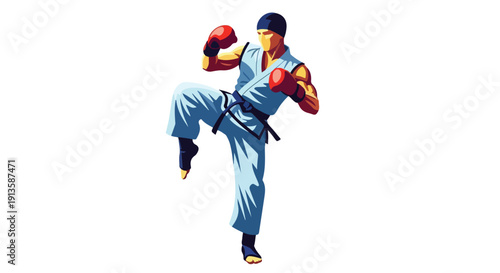 Martial artist in blue uniform kicking with red boxing gloves on a white background.