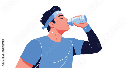 A man in athletic wear drinking from a water bottle on a plain white background with a focused and refreshing mood.