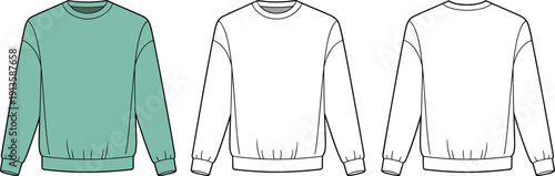 Crewneck sweatshirt front and back view set, classic long sleeve pullover mockup, flat vector CAD drawing apparel fashion design template
