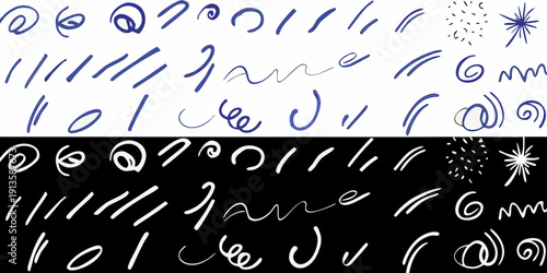 Abstract arrangement of handwritten characters and swirling symbols on white