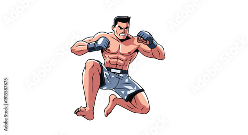 A muscular cartoon man wearing boxing gloves and shorts in a fighting stance against a white background with a bold and dynamic mood.