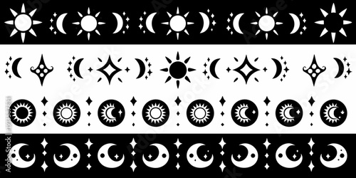 Black and white illustration depicting suns moons and crescent phases