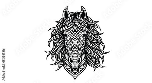 Detailed black and white illustration of a horse's head with intricate patterns and flowing mane against a clean white background.
