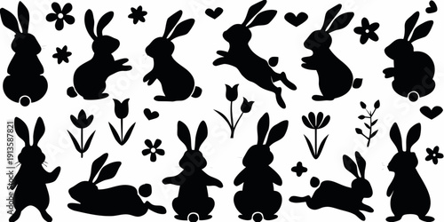 Silhouette collection featuring rabbits flowers and heart shapes on white