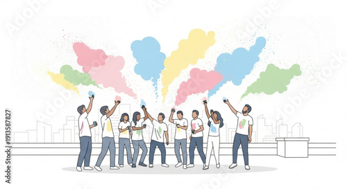 Diverse group of people celebrating with colorful smoke bombs in urban setting at night