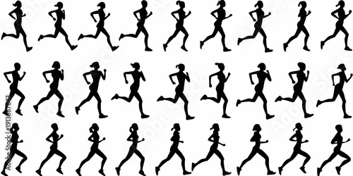 Silhouettes of people running in various poses depicting motion and activity