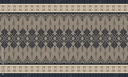 Seamless Rug tribal ethnic geometric border pattern with traditional folk textile ornament in neutral brown and dark tones. The pattern combines cultural heritage aesthetics with modern minimal style.