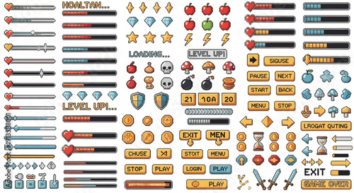 Retro Art Game UI Elements Vector Pack - Loaders, Buttons, Icons