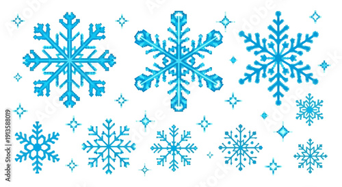 Set of Diverse Art Snowflakes and Stars on a White Background