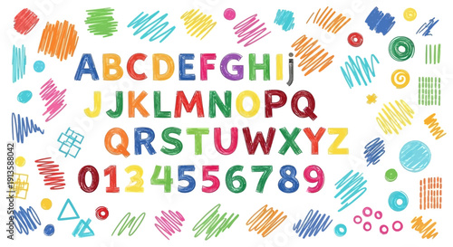 Colorful Hand-Drawn Letters and Numbers with Fun Doodle Shapes