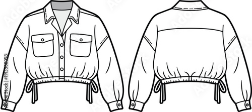 Cropped utility shirt jacket front and back view with drawstring waist, flat vector CAD drawing fashion apparel mockup template