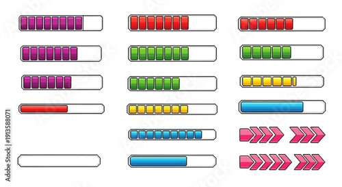 Collection of colorful loading bars and progress indicators, digital interface elements