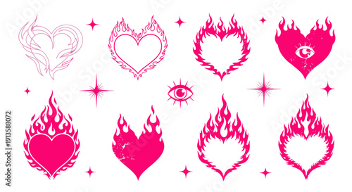 Vibrant Pink Flaming Heart Illustrations with Stars and Eyes, Graphic Design Elements